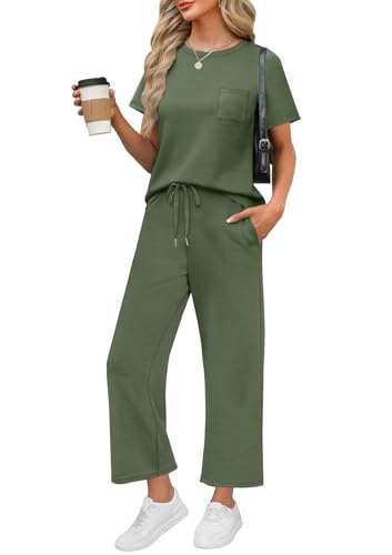 Image of WIHOLL 2 Piece Sets for Women Casual Summer Travel Vacation Outfits Short Sleeve Wide Leg Crop Pants Lounge Sets