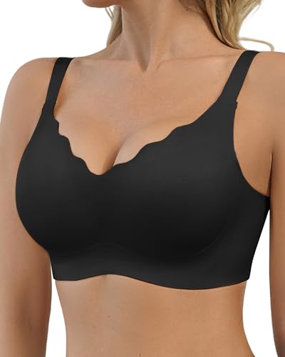 SHARICCA BH Damen Ohne Bügel - Nahtloser V Ausschnitt Gewellte Ränder Push Up BH Soft Atmungsaktiv Seamless Bustier Mit BH-Verlängerung(Schwarz-1P02-M)