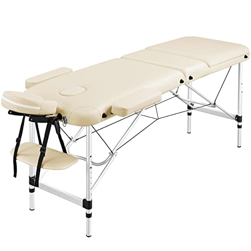 Abician Table de Massage Pliante en 3 Sections Lit Cosmétique en Similicuir avec Cadre en Alliage d’Aluminium Réglable à 8 Hauteurs Lit de Massage avec Housse de Transport 213 × 82 ×67,5-89 cm Beige