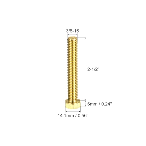 Image of uxcell Brass Hex Bolts, 3 /8-16x2-1 /2 2pcs Fully Thread Grade 4.8 Solid Brass Hexagon Head Bolt Machine Screws for Machinery