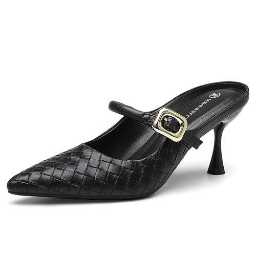 NEWBELLA Women's Woven Pointed Toe Heeled Mules - Faux Leather Ki...
