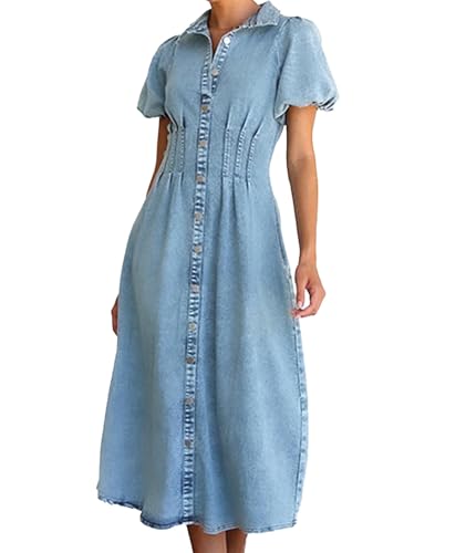 Sexyshine Women's Button Down Denim Long Dress Puff Sleeve Ruched Slim Fit High Waist Lapel Collar Jean Shirt Dress