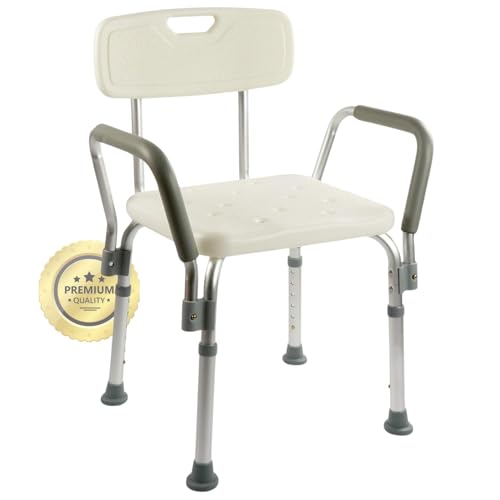 OrtoPrime Duschstuhl mit Rückenlehne und Armlehnen – Höhenverstellbarer Pflegestuhl für Senioren – Rutschfester Duschsessel mit Abnehmbarer Lehne – Badestuhl bis 150 kg belastbar