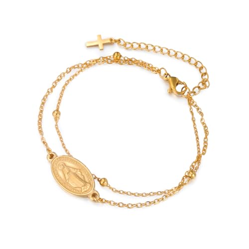 Dreamtimes Pulsera Virgo María con perlas de rosario, pulseras cruzadas, bautismo religioso, pequeñas pulseras Virgen de Guadalupe, joyas católicas, regalos para ella, Mittelgroße, Acero inoxidable