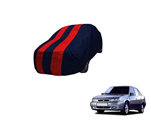 Image of Auto Hub Car Cover Compatible with Daewoo Cielo with Mirror Pocket,Triple Stitched, Weather Proof, Cielo Car Cover- Navy-Red