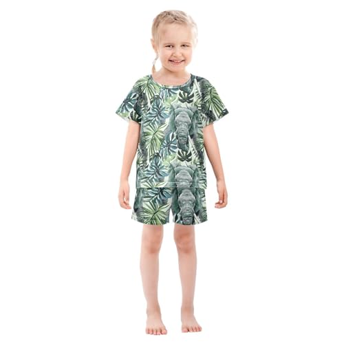 ALAZA Elephant Palm Leaves Watercolor Pajamas Short Sleeve 2 Piece Sleepwear Top and Bottom Pajama Set Unisex3