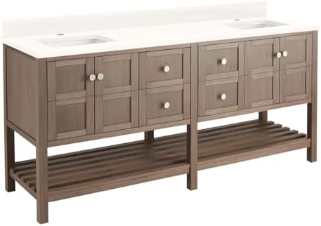 Signature Hardware 952441-RUMB-1 Olsen 72" Double Vanity Set with Cabinet, Granite, Marble or Quartz Vanity Top, and Rectangular Undermount Sinks - 1.5" Faucet Holes - Ash Brown/Arctic White