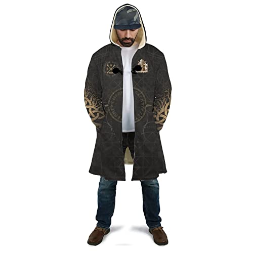 Viking Tattoo Men's Winter Warm Parka Yggdrasil 3d print Lightweight fashion casual lambswool plus size hooded jacket (Color : Tree of Life Y02, Size : Large)2
