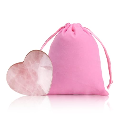 YUVKIN Cuarzo Rosa Corazón Grande Cristales Piedras de Sanación Forma de Corazón Antiestrés Masaje para Reducir el Estrés y Promover el Amor Regalo para Mamá (50mm) con Bolsa de Terciopelo Rosa