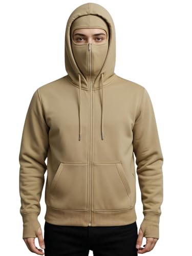 Image of ADRO Men Balaclava Hoodies | 320 GSM Soft Cotton Zipper Hoodie | Thumb-Hole Cuff Gloves | Travel Jacket with Hood | Winter Sweatshirt