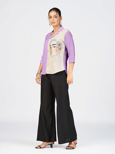 Image of Makhhi Wear Trendy Women's Sea Green & Beige Sketch Embroidered Casual Shirt for Women