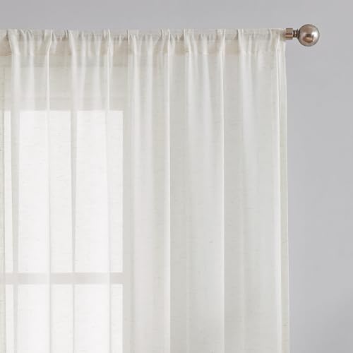 Image of FMFUNCTEX Linen Sheer Curtains for Living Room, Beige Curtains 96 inches Long for Bedroom, Natural Flax Blend Window Draperies for Farmhouse Curtain, Rod Pocket 2 Panels