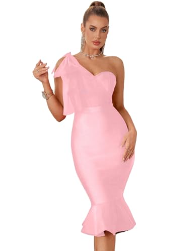 Image of Mesh One Shoulder Bow Midi Dress Fishtail Bandage Cocktail Party Wedding Bridesmaid Evening Gown