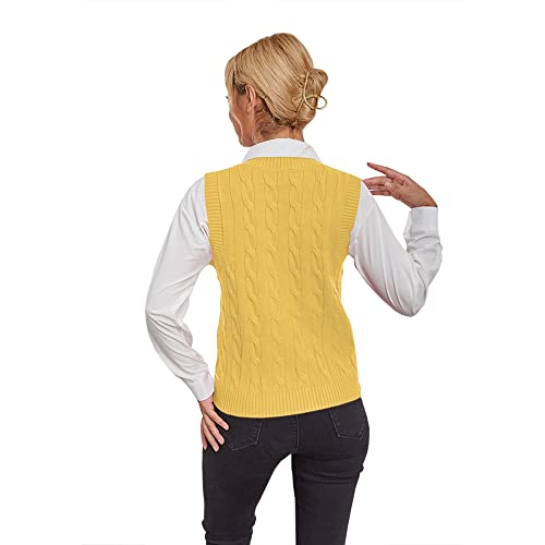 Fisoew Women's Sleeveless V-Neck Vintage Sweater Knitted Vest Casual Preppy Style Yellow #TOP3