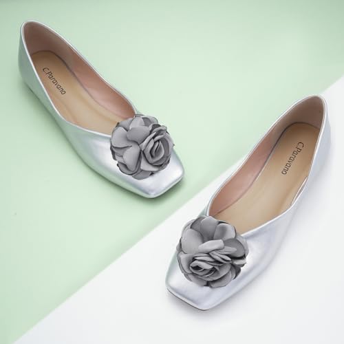 Image of C.Paravano Ballet Flats for Women | Women's Flats | Square Toe | Slip On Dress Shoes | Satin Flower Shoes
