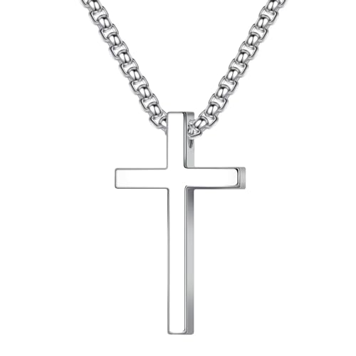 Ursteel 925 Sterling Silver Cross Necklace for Men Women - 18K White Gold Plated Stainless Steel Diamond Cut Silver Chain Cross Jewelry 16-24 Inches