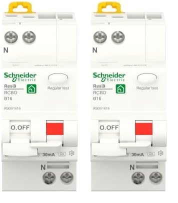 Schneider Electric FI-/Leitungsschutzschalter Resi9, 1-polig+N, 16A, 30mA, B-Charakteristik, Typ A, 6kA, grau, Artikelnummer R9D01616, 2 Stück