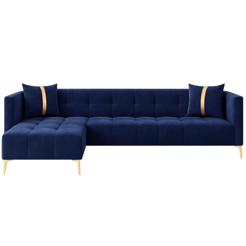 Image of FURNY Styliving 6 Seater Fabric LHS L Shape Sofa Set (Blue) with Golden Finish Legs | Durable & Comfortable | Ideal for Living Room