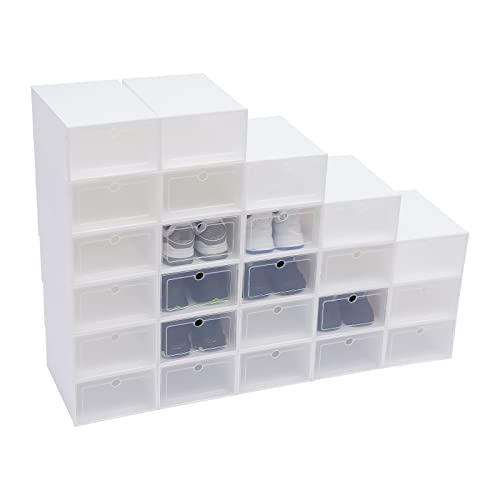 WINZING 24 cajas para zapatos apilables de plástico blancas, cajas de almacenamiento transparentes con tapa para organización de zapateros (juego de 24), cajas de zapatos que ahorran espacio con