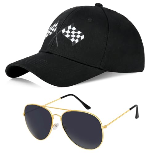 Honic Baseball Cap with Sunglasses for Men Women Checkered Flags Race Car Flag Hat for Racing Car Party Dress Up Supplies (Black)