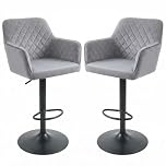 Alivio Modern Velvet Bar Stools – Adjustable Swivel Counter Height Chairs with Quilted Backrest, Armrests & Footrest, Hydraulic Gas Lift Kitchen Island Bar Chairs 360 Degree Swivel (Set of 2, Grey)