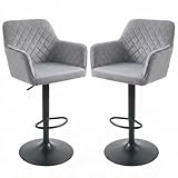 Alivio Modern Velvet Bar Stools – Adjustable Swivel Counter Height Chairs with Quilted Backrest, Armrests & Footrest, Hydraulic Gas Lift Kitchen Island Bar Chairs 360 Degree Swivel (Set of 2, Grey)