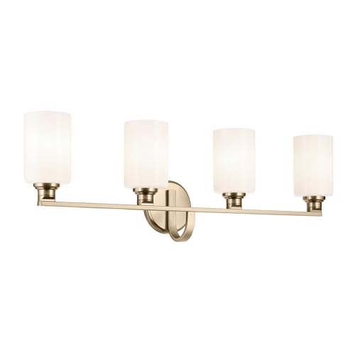 Image of Kichler Gioe 4-Light Vanity Light Fixture with Opal Glass in Champagne Bronze, Wall Mounted Bathroom Light for Mirror, Damp Rated (32.25 inch x 10.5 inch x 6.75 inch), 55227CPZ