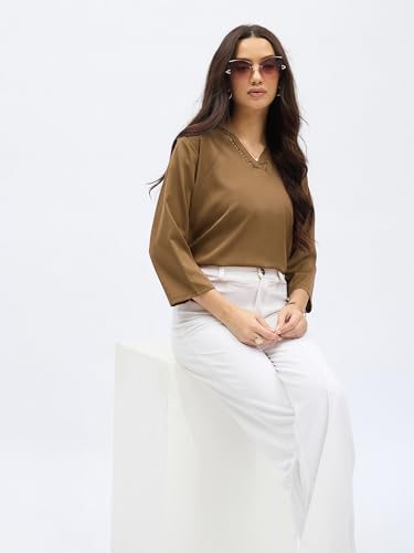 Image of SheWill Printed Top with Contrast Tipping - Stylish Ethnic & Western Tops for Women - Summer Travel Wear, Trendy Tops for Jeans, Lightweight & Comfortable Casual Wear
