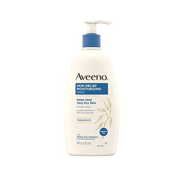 Aveeno Skin Relief Fragrance-Free Moisturizing Lotion for Sensitive Skin, with Natural Shea Butter & Triple Oat Complex, Unscented Therapeutic Body Lotion for Itchy, Extra-Dry Skin, 18 fl. oz
