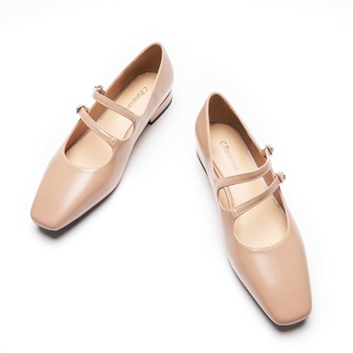 C.Paravano Luxury Mary Jane Ballet Flats: Adjustable Double Straps & Square Toe | Premium Comfort for Gallery Openings, Spring Brunches | Style w/Midi Skirts or Cropped Trousers(Beige,7)