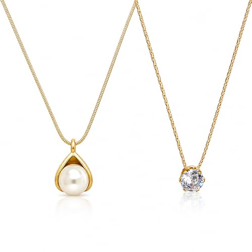 Image of Stone Necklace Set For Women Stylish | Anti Tarnish Waterproof Stainless Steel Chain Pendant Necklaces Jewelry for Love | Gold Plated Jewellery Accessories for Woman & Girls | Birthday Gift for Wife & Girlfriend
