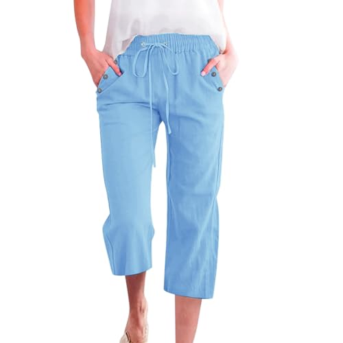 Pantalones Fluidos de Mujer Verano de Lino Pantacourt Ligero de Trabajo Corsario Yoga y Pilates Pantalones de Cintura Alta Ropa Pantalones Casual de las Mujeres Elásticas Y Cómodo Pantalones