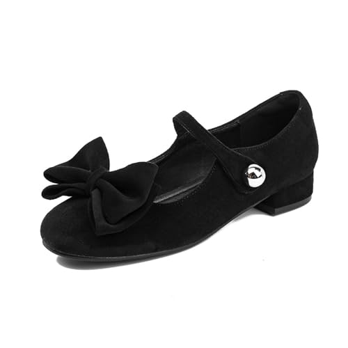 Women's Suede Bow Chunky Heel Mary Jane Shoes Retro Round Toe One-Word Buckle Non-Slip Party Date Casual Cute Flat Shoes