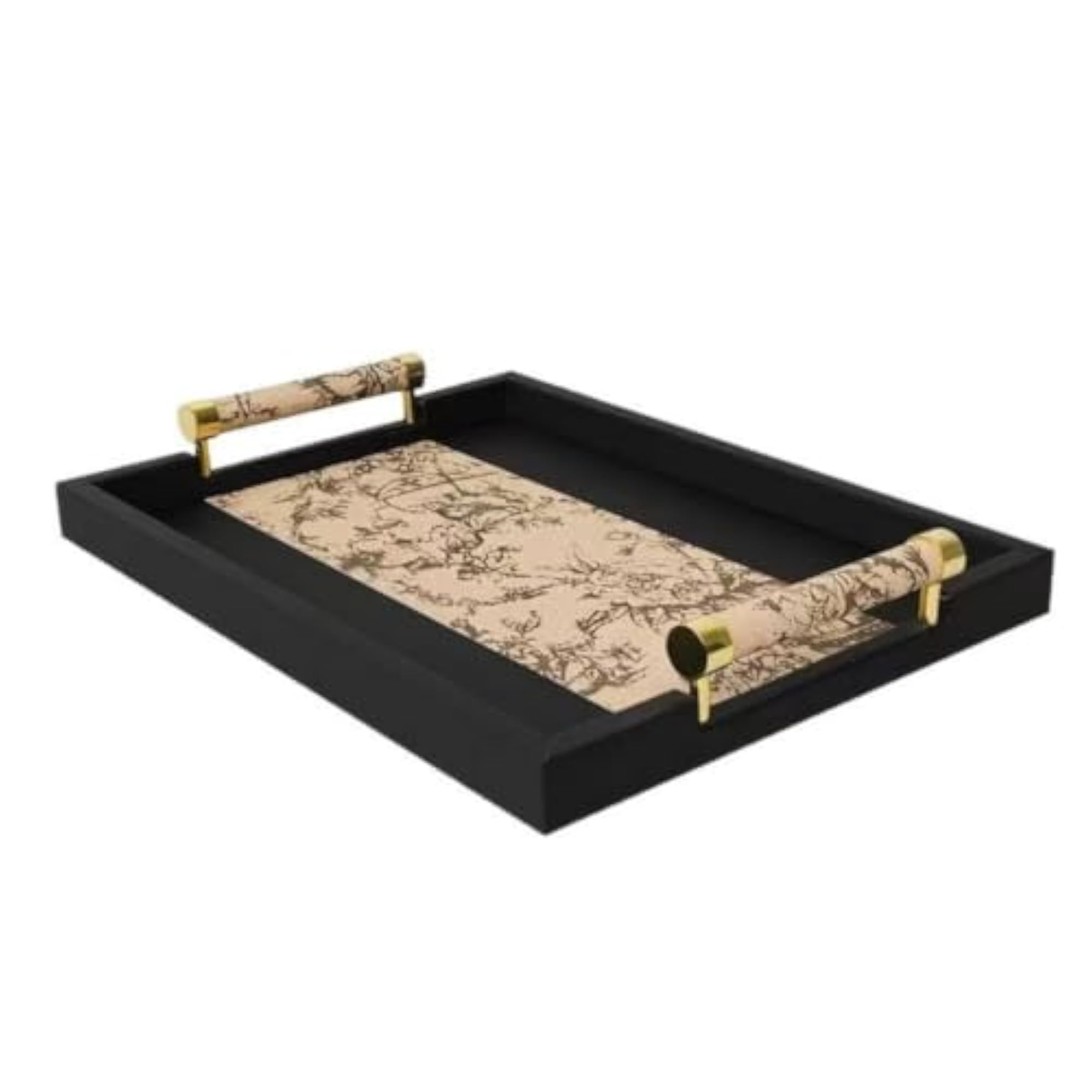 Floral Wood Tray with Leather, Elegant Rectangular