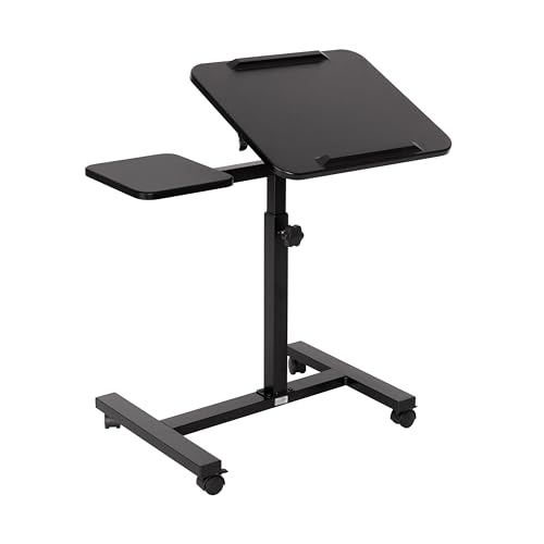 Image of Seville Classics Airlift Height Adjustable Mobile Rolling Laptop Cart Computer Workstation Desk, Table for Home, Office, Classroom, Hospital, w /Wheels, Black, Tilt w /Side Table (28 inch) (New Model)