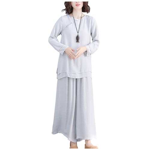 DAYKET Damen Zen Meditationsanzug Baumwolle Leinen Langarm Tai Chi Anzug Morgengymnastik Uniform Kung Fu Kleidung,Grey-L