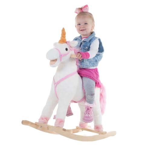 Happy Trails Unicorn Rocking Horse white and pink plush unicorn rocker with wooden handles and base