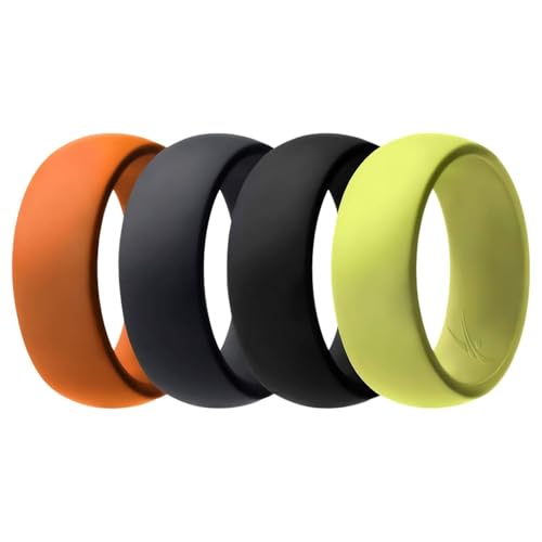 ROQ Silicone Rubber Wedding Ring for Men, Comfort Fit, Breathable Rubber Engagement Band, Men's Wedding Band, 8mm Wide 2mm Thick, Dome Solid, 4 Pack, Orange, Grey, Black, Yellow, Size 10