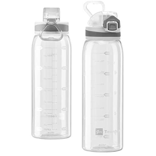 Teentumn 30oz Sport Water Bottle with Time Markers, Large Durable Gym Plastic Bottle Tritan BPA Free for Fitness, School, Outdoor Enthusiasts, Leakproof Clear (Pack of 1)
