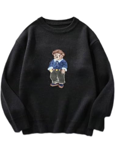 Teddy Bear Embroidered Sweater, Fleece Lined Crewneck Pullover, Warm Winter