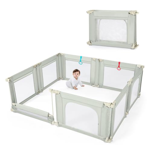 Image of Doradotey Adjustable Baby Playpen with Adult Door, Foldable Large Playpen for Babies and Toddlers, Breathable Mesh Indoor Baby Playard, Safe Fence, 79 x 71 Inch, Green