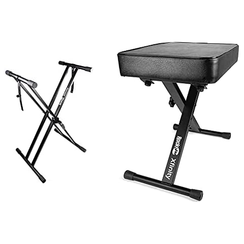 RockJam Xfinity Doublebraced Pre Assembled Keyboard Stand with Locking Straps & Premium Adjustable Padded Keyboard Bench or Digital Piano Stool Cover