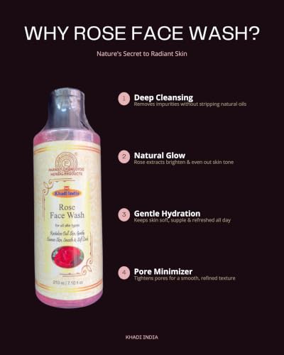 Image of Khadi India Rose Face Wash, for All Skin Types, with Rose Water and Sandalwood Extract, 210 ml
