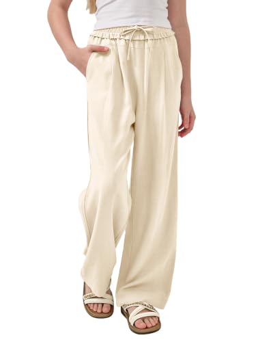 Image of Rolanko Girls Wide Leg Linen Pants Breathable Flowy Palazzo Trousers for School Beach Daily Wear 9-15 Years