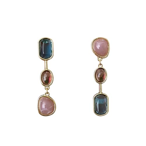 Colorful Three Layered Crystal Tassel Earrings, Boho Asymmetry Gemstone Long Dangle Earrings, Vintage French Drop Jewelry Gifts for Women