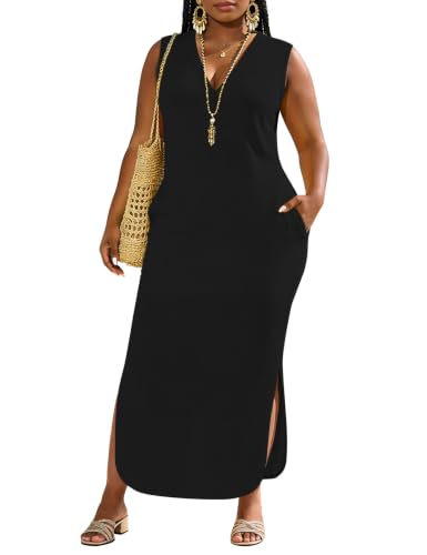 Image of UOUA Women Summer Maxi Dresses Plus Size Casual Hawaiian Sundress Sleeveless Loose Split Beach Dress with Pockets