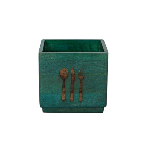 Image of Ellementry Blue Wooden Cutlery Holder & Organizer Stand for Spoons, Forks & Knives, Modern Counter Top Tableware Storage Box for Kitchen & Dining Table, Utensil Organizer for Home & Office