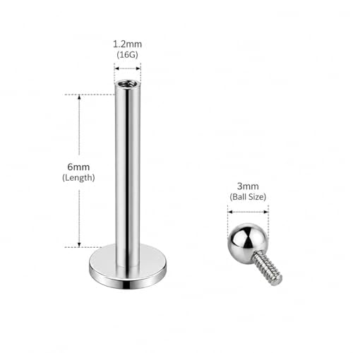 Image of Monster Piercing G23 Titanium Labret Stud, Internally Threaded, Plain Ball Top, Flat Back, 16G, 6mm /8mm /10mm - Sold as single piece