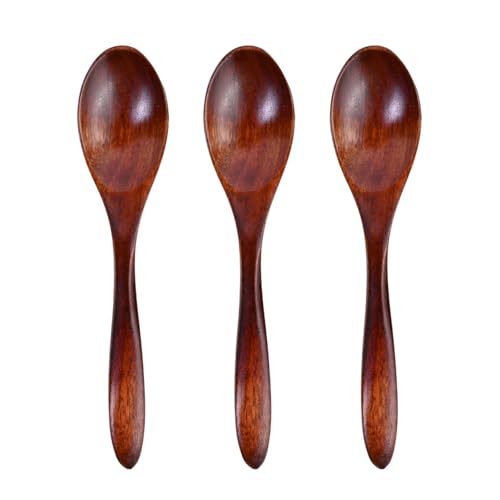 Daleweo 3 Pcs Cuillère en Bois de Cuisine 14cm, Petite Cuillère à Dessert Nanmu, Cuillere a Soupe Ramen, Manche Long pour Bébé, Cuillere a Miel Thé Café