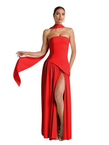 Strapless Satin Bridesmaid Dresses for Women 2025 Halter A Line Prom Dress Split Pleated Formal Party Gowns with Scarf P166